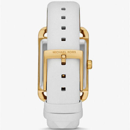 Top-down view of Michael Kors Petite watch with white leather strap and gold-tone buckle