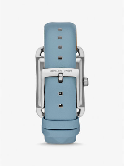 Blue leather strap back view showing silver-tone case and Michael Kors branding