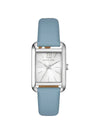 Michael Kors Petite Monroe silver-tone watch with rectangular case, white dial, and blue leather strap