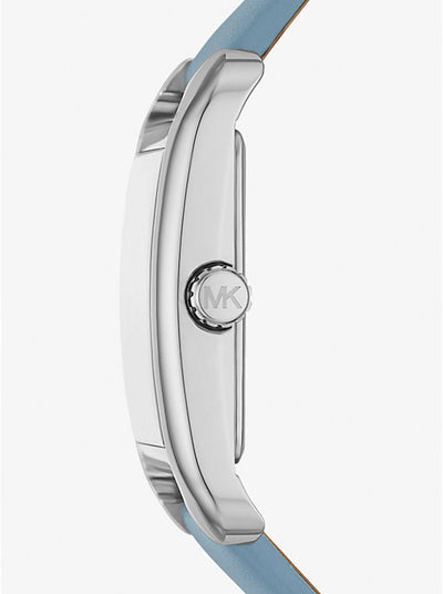 Side profile of silver-tone rectangular case with blue leather strap and MK logo