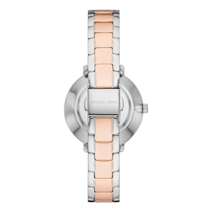 Michael Kors Pyper MK1066 caseback view showing stainless steel back with two-tone strap