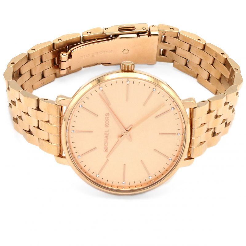 Michael Kors Pyper rose gold watch shown from top with bracelet fully extended