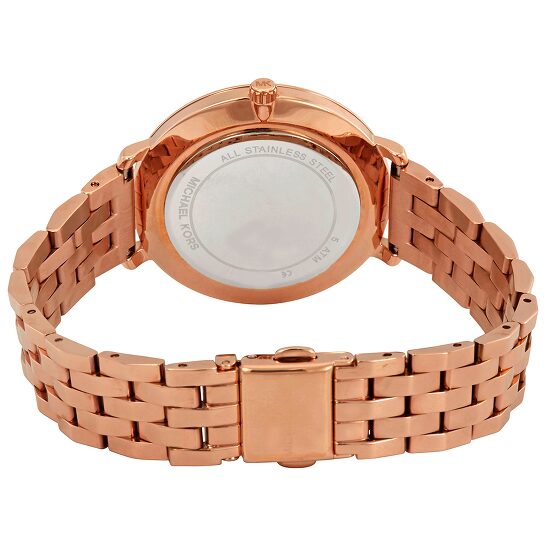 Back of Michael Kors Pyper watch showing stainless steel case back and bracelet clasp