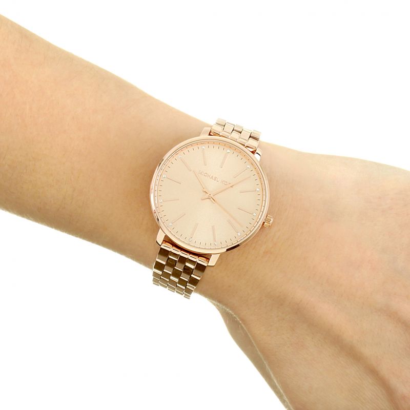 Michael Kors Pyper rose gold watch worn on wrist showing size and fit