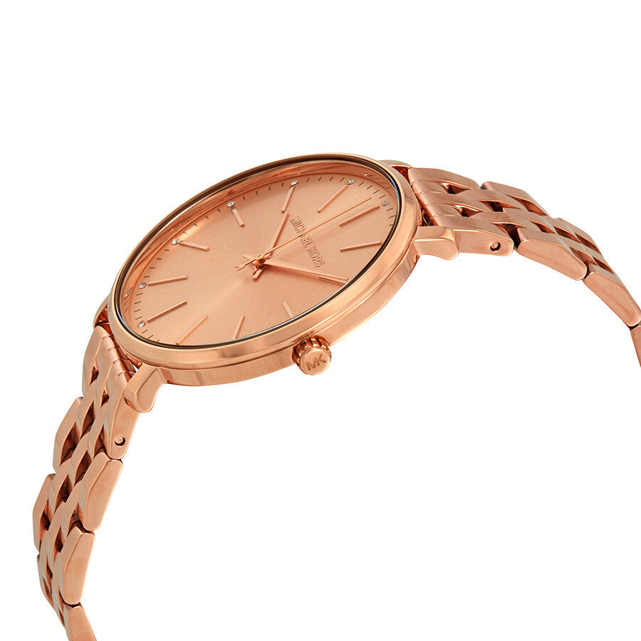 Michael Kors Pyper rose gold watch displayed at angle showing case and bracelet profile