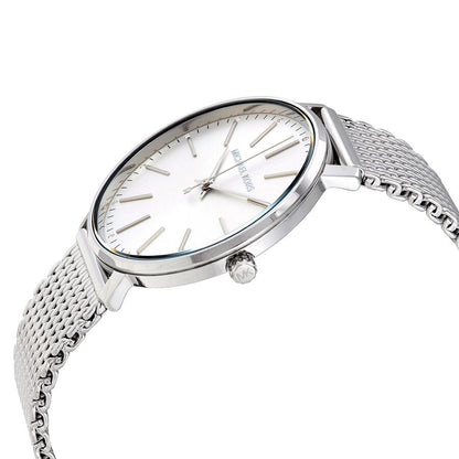 Michael Kors Pyper watch angled view showing silver mesh band and dial