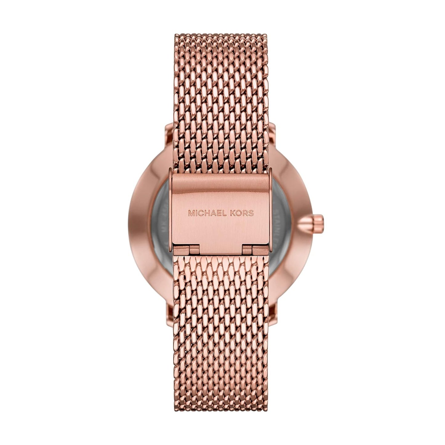 Back view of Michael Kors Pyper watch showing rose gold case back