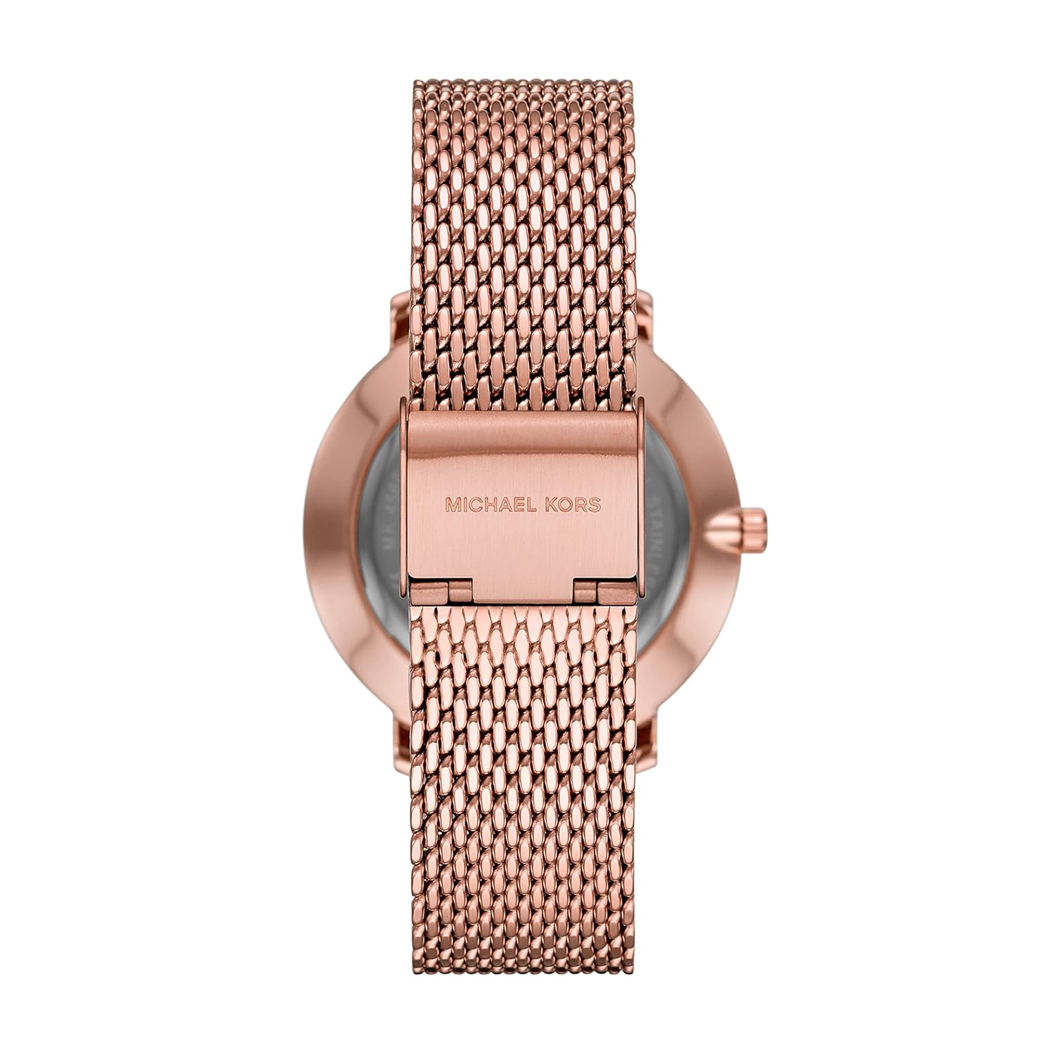 Back view of Michael Kors Pyper watch showing rose gold case back