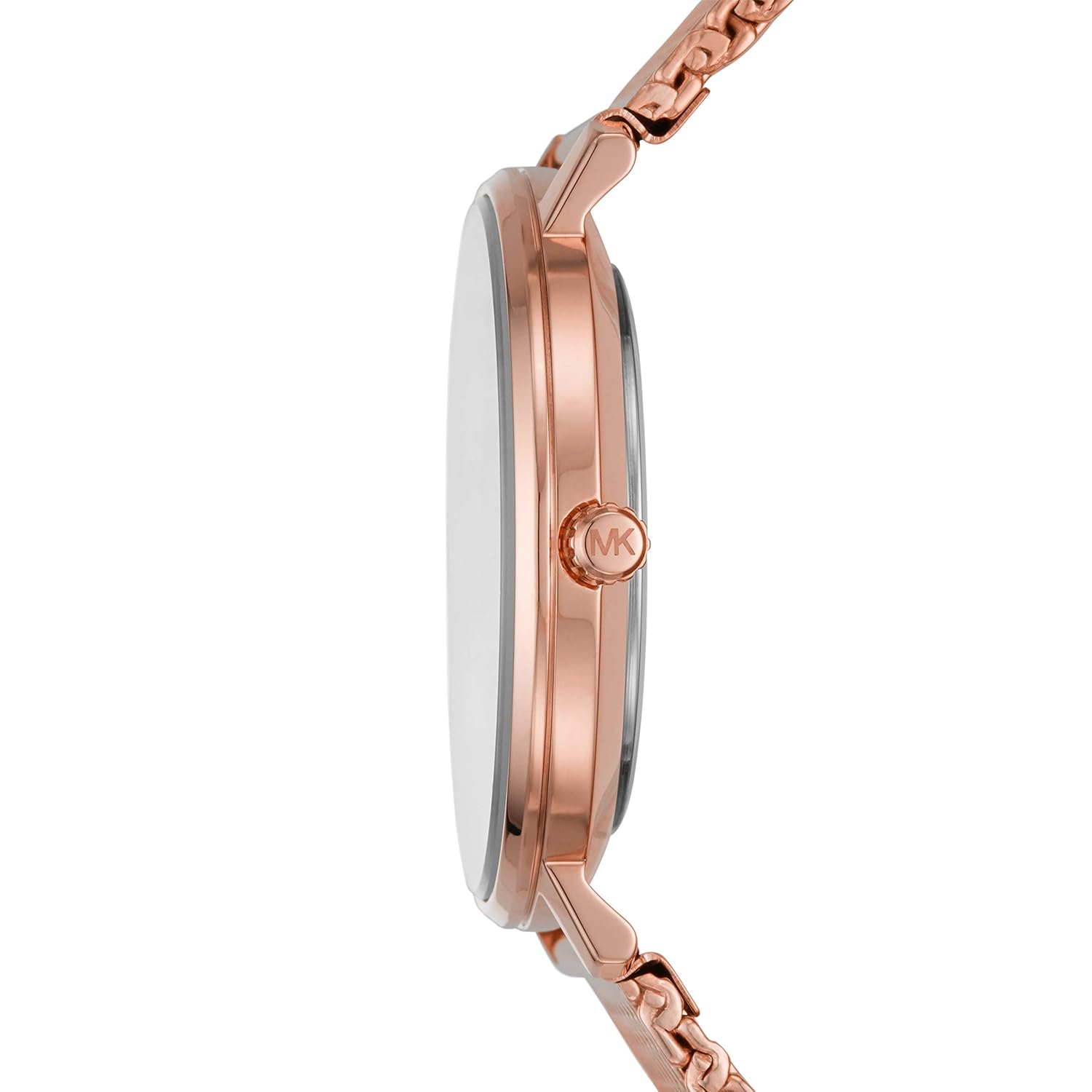 Side view of Michael Kors Pyper watch showing rose gold case profile