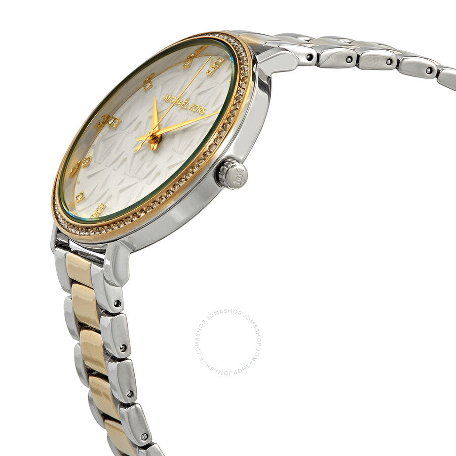 Michael Kors Pyper watch side view showing white dial and two-tone mixed metal bracelet