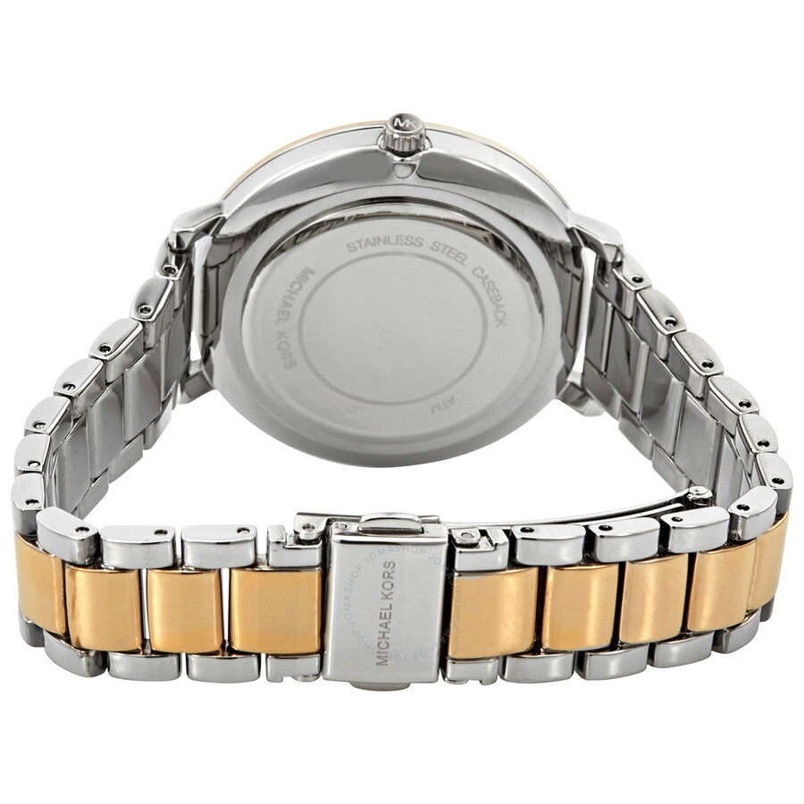 Michael Kors Pyper caseback showing stainless steel case back with two-tone bracelet