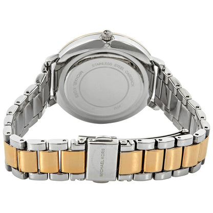 Michael Kors Pyper caseback showing stainless steel case back with two-tone bracelet