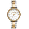 Michael Kors Pyper watch with white dial, crystal indices, and two-tone bracelet