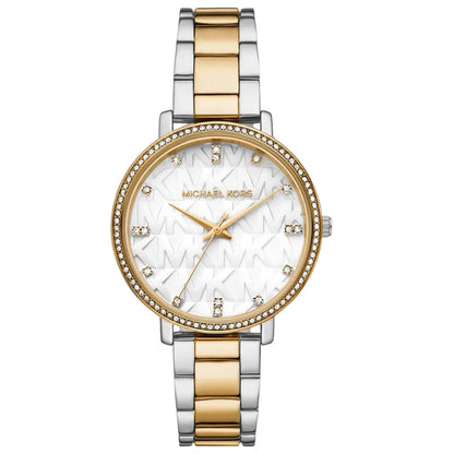 Michael Kors Pyper watch with white dial, crystal indices, and two-tone bracelet