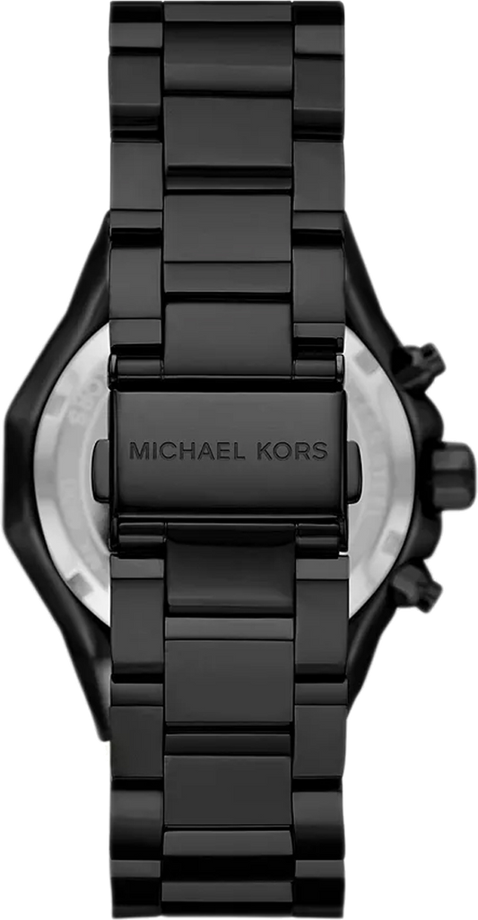 Caseback view of Michael Kors Raquel MK4692 with brand engraving and black stainless steel band