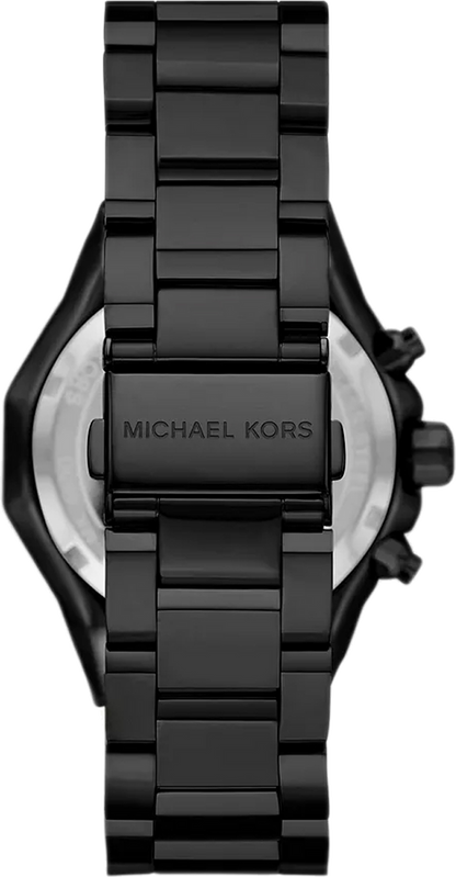 Caseback view of Michael Kors Raquel MK4692 with brand engraving and black stainless steel band