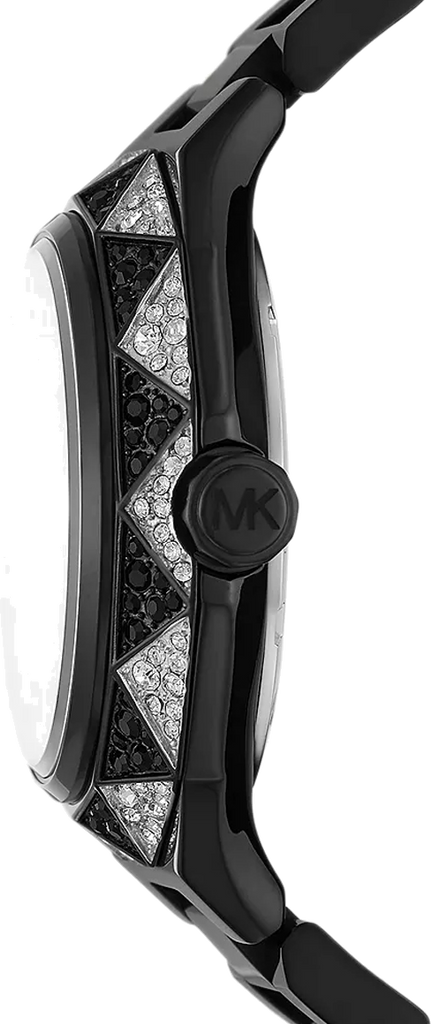 Side view of Michael Kors Raquel MK4692 showing black-tone case profile and stainless steel bracelet