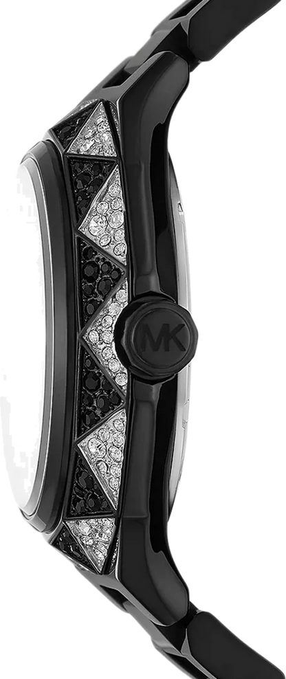 Side view of Michael Kors Raquel MK4692 showing black-tone case profile and stainless steel bracelet