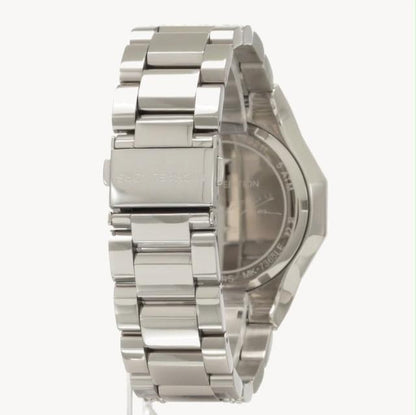Michael Kors Raquel watch back showing silver-tone steel bracelet and case back detail