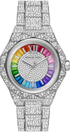 Michael Kors Raquel silver-tone watch with crystal-studded case and rainbow dial, three-hand movement