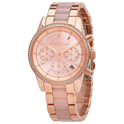 Michael Kors Ritz Chronograph Quartz Crystal ladies watch with rose gold-tone case and pink bracelet