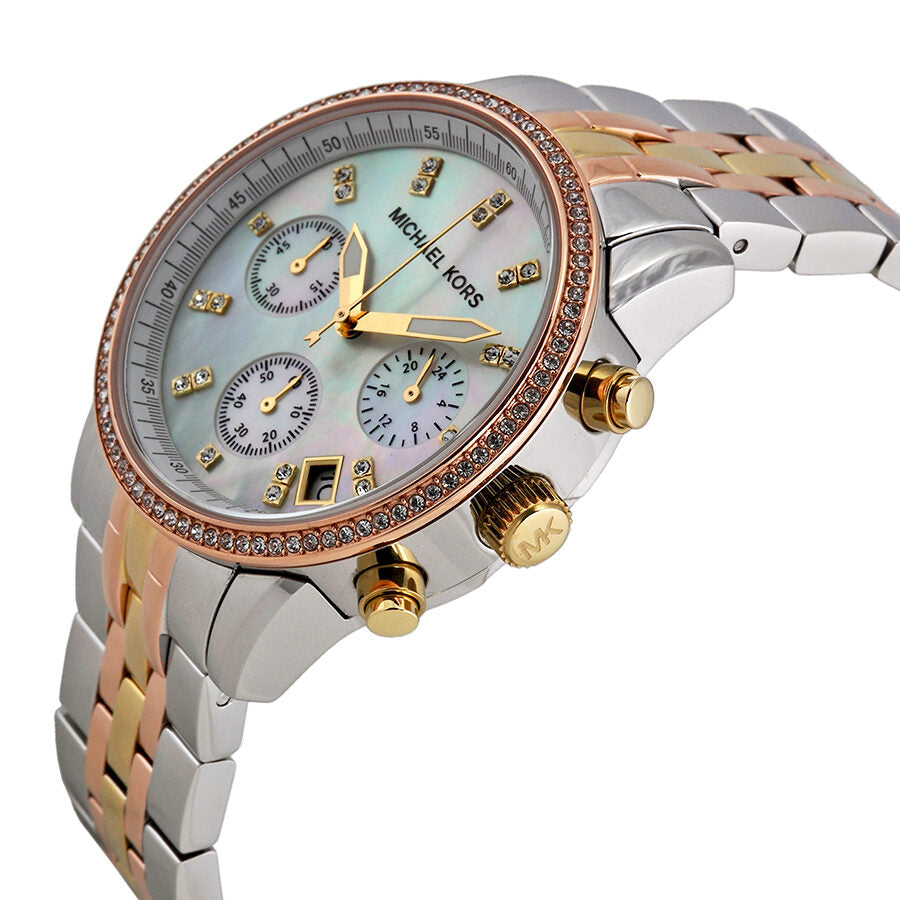 Angled view of Michael Kors Ritz MK5650 showing tri-tone bracelet and crystal-set bezel