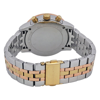 Case back of Michael Kors Ritz MK5650 with tri-tone metal bracelet and closure