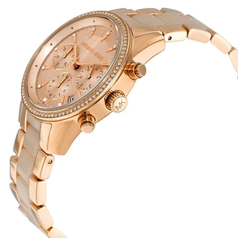 Michael Kors Ritz MK6307 chronograph watch side angle showing mixed metal and rose gold bracelet