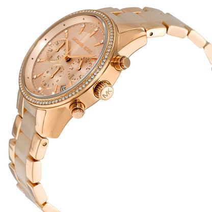 Michael Kors Ritz MK6307 chronograph watch side angle showing mixed metal and rose gold bracelet