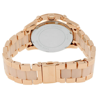 Michael Kors Ritz MK6307 watch caseback showing rose gold stainless steel construction