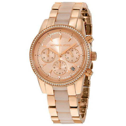 Michael Kors Ritz MK6307 rose gold chronograph watch with crystal bezel and champagne dial