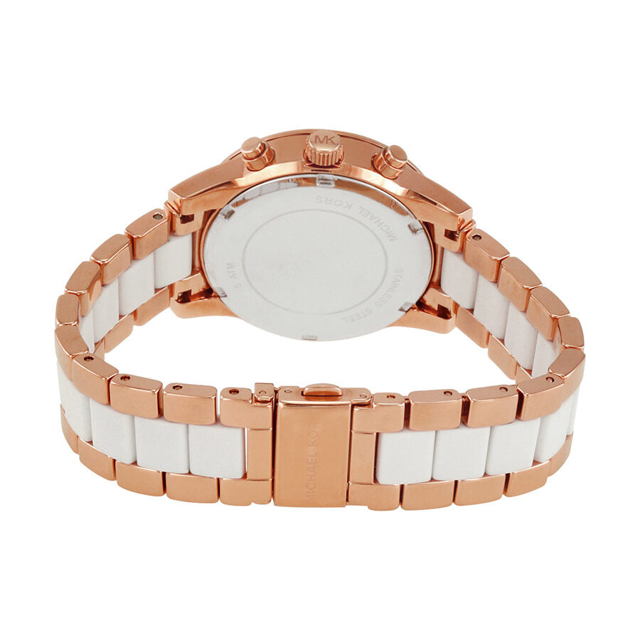 Michael Kors Ritz watch caseback and full strap view with rose gold and white acetate bracelet