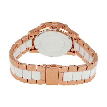 Michael Kors Ritz watch caseback and full strap view with rose gold and white acetate bracelet