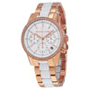 Michael Kors Ritz chronograph women's watch with white dial, rose gold case and rose gold and white acetate strap