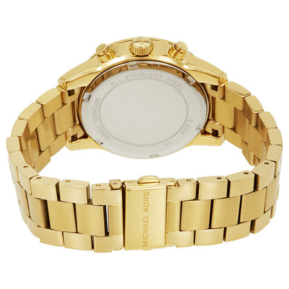 Michael Kors Ritz caseback showing gold-tone case and link bracelet detail