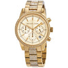 Michael Kors Ritz Pave chronograph watch with gold dial, crystal-set bezel, and matching gold steel bracelet