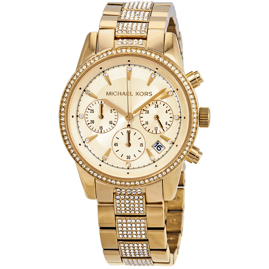 Michael Kors Ritz Pave chronograph watch with gold dial, crystal-set bezel, and matching gold steel bracelet
