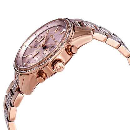 Side angle view of Michael Kors Ritz chronograph showing rose gold-tone case, crystal band detail, and chronograph pushers