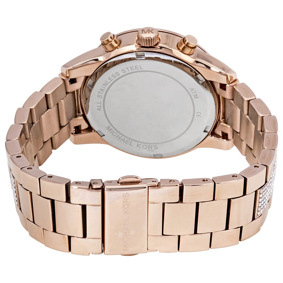 Caseback view of Michael Kors Ritz showing stainless steel case back with Michael Kors branding and rose gold-tone bracelet