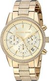 Michael Kors Ritz chronograph watch with gold tone bracelet, crystal bezel, and three subdials