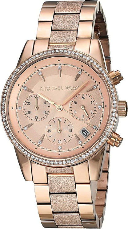 Michael Kors Ritz rose gold chronograph watch with crystal bezel and mixed metal bracelet