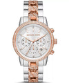 Michael Kors Ritz chronograph watch with white crystal dial and two-tone rose gold silver bracelet