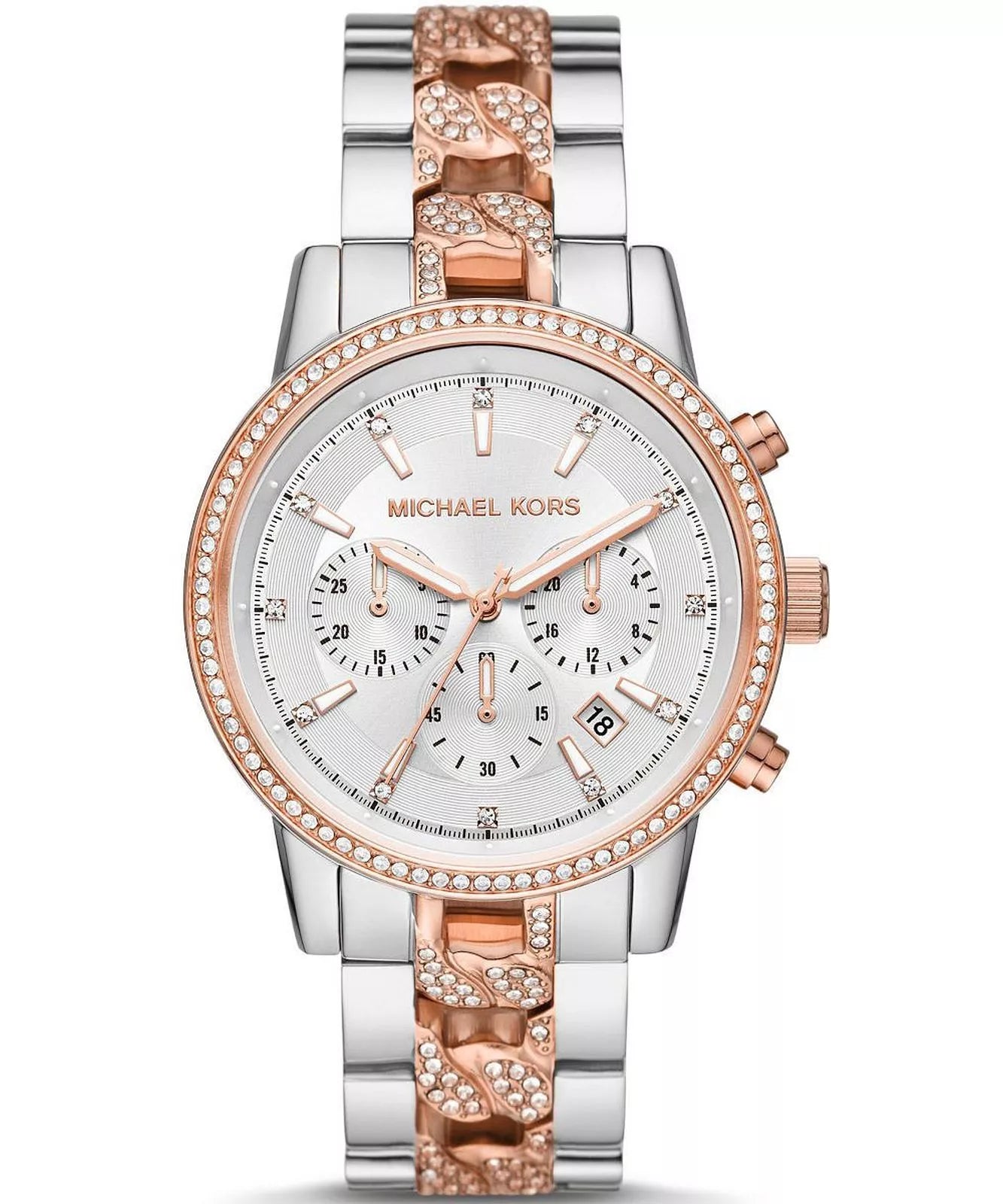 Michael Kors Ritz chronograph watch with white crystal dial and two-tone rose gold silver bracelet