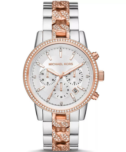 Michael Kors Ritz chronograph watch with white crystal dial and two-tone rose gold silver bracelet