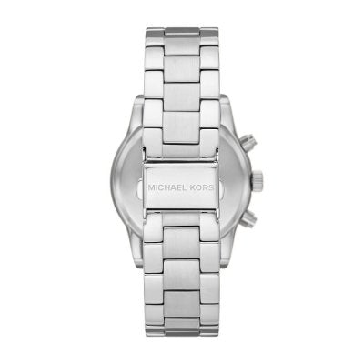 Caseback of Michael Kors Ritz MK7301 watch showing stainless steel bracelet