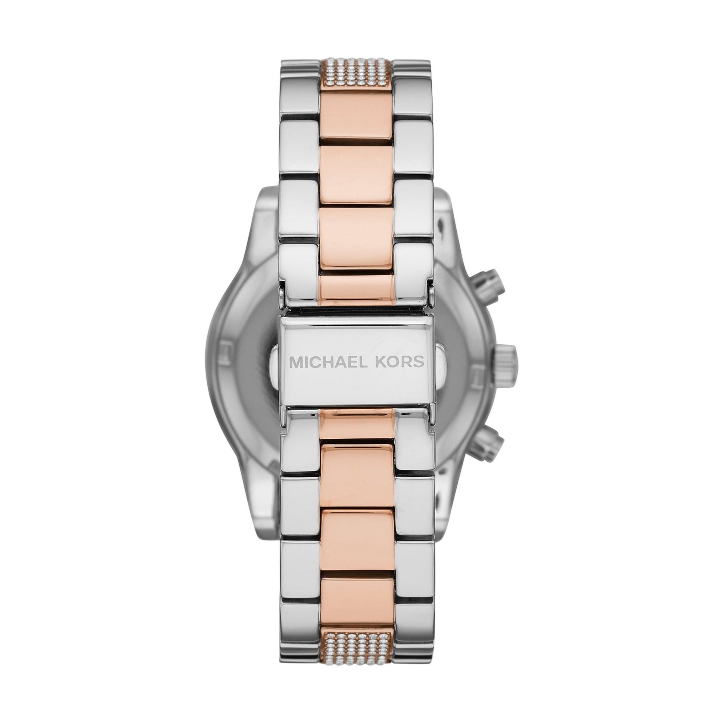 Caseback of Michael Kors Ritz watch with two-tone bracelet and MICHAEL KORS engraving