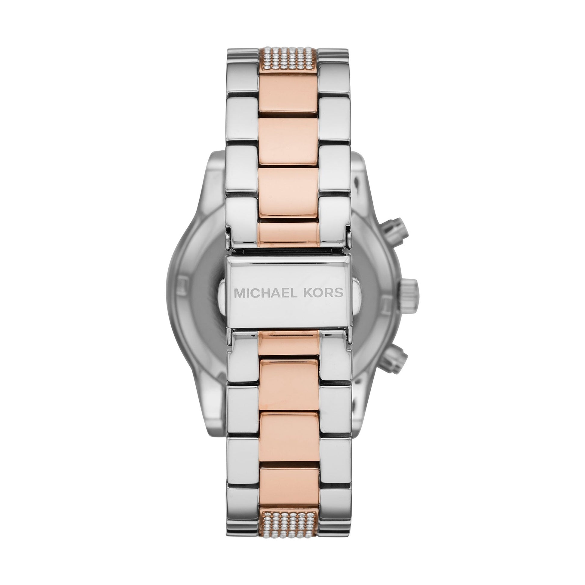 Caseback of Michael Kors Ritz watch with two-tone bracelet and MICHAEL KORS engraving
