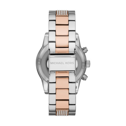 Caseback of Michael Kors Ritz watch with two-tone bracelet and MICHAEL KORS engraving