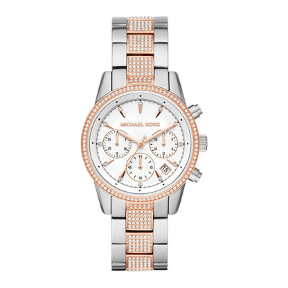 Michael Kors Ritz two-tone chronograph watch with white dial and pavé bezel