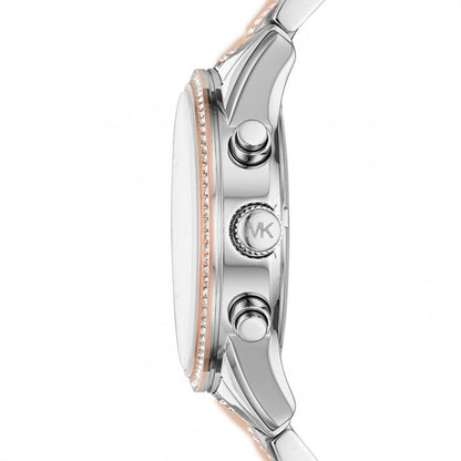 Side view of Michael Kors Ritz watch showing chronograph pushers and MK logo